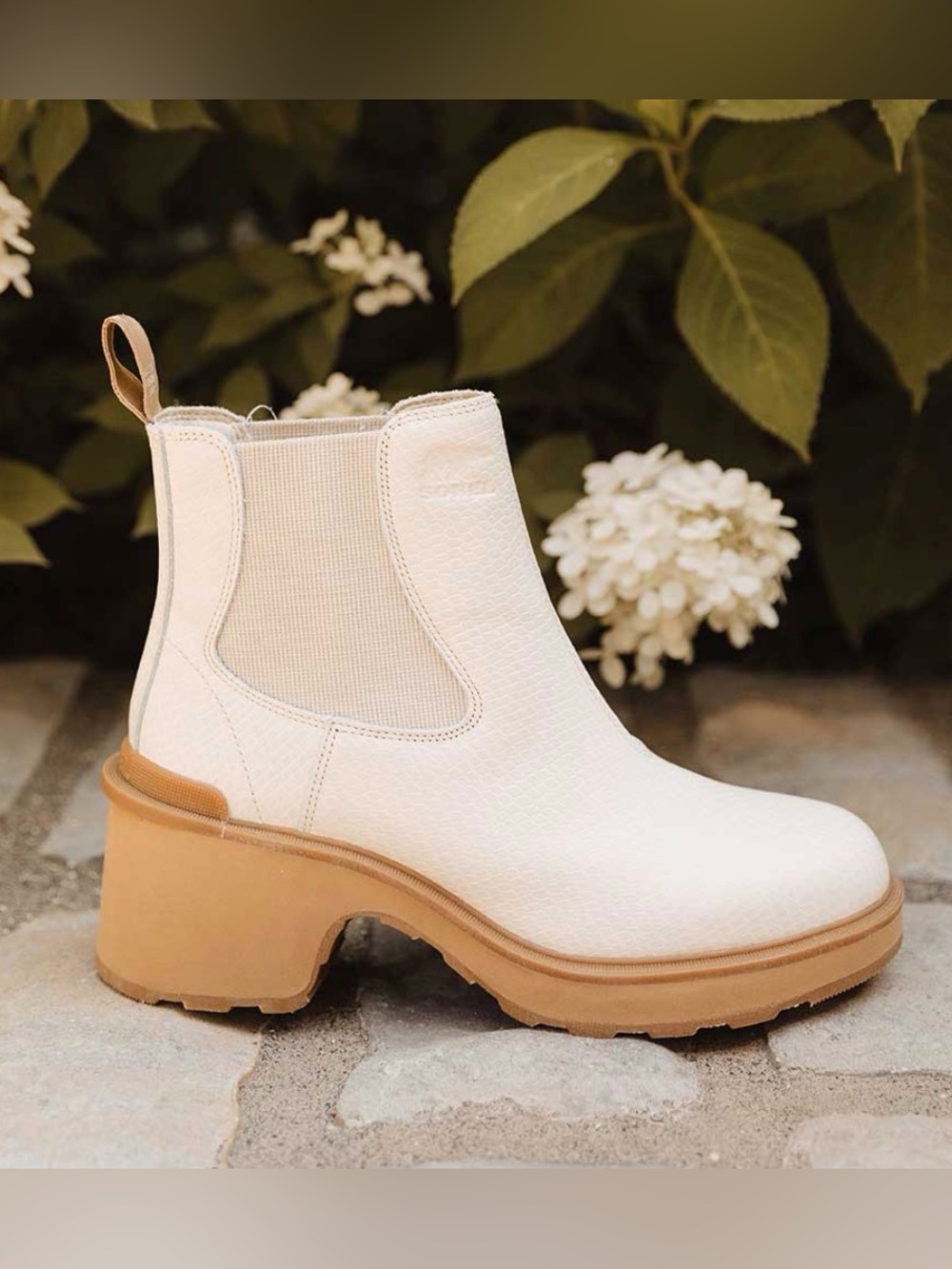 Sorel Cream Chelsea Lug Heel Boot with Tan Platform Sole